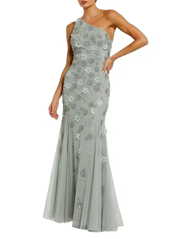 Mac Duggal Floral Appliqué One-Shoulder Gown