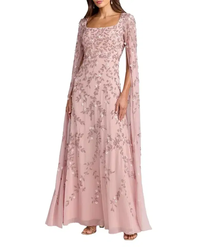 Mac Duggal Embellished Georgette Cape-Sleeve Gown