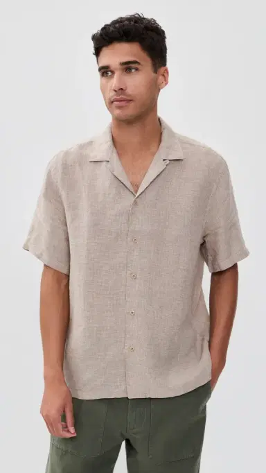 Faherty Short Sleeve Laguna Linen Camp Shirt Khaki Pincheck | Thumbnail 2