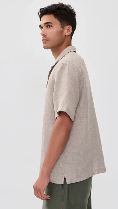 Faherty Short Sleeve Laguna Linen Camp Shirt Khaki Pincheck | Thumbnail 4
