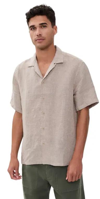 Faherty Short Sleeve Laguna Linen Camp Shirt Khaki Pincheck | Thumbnail 1