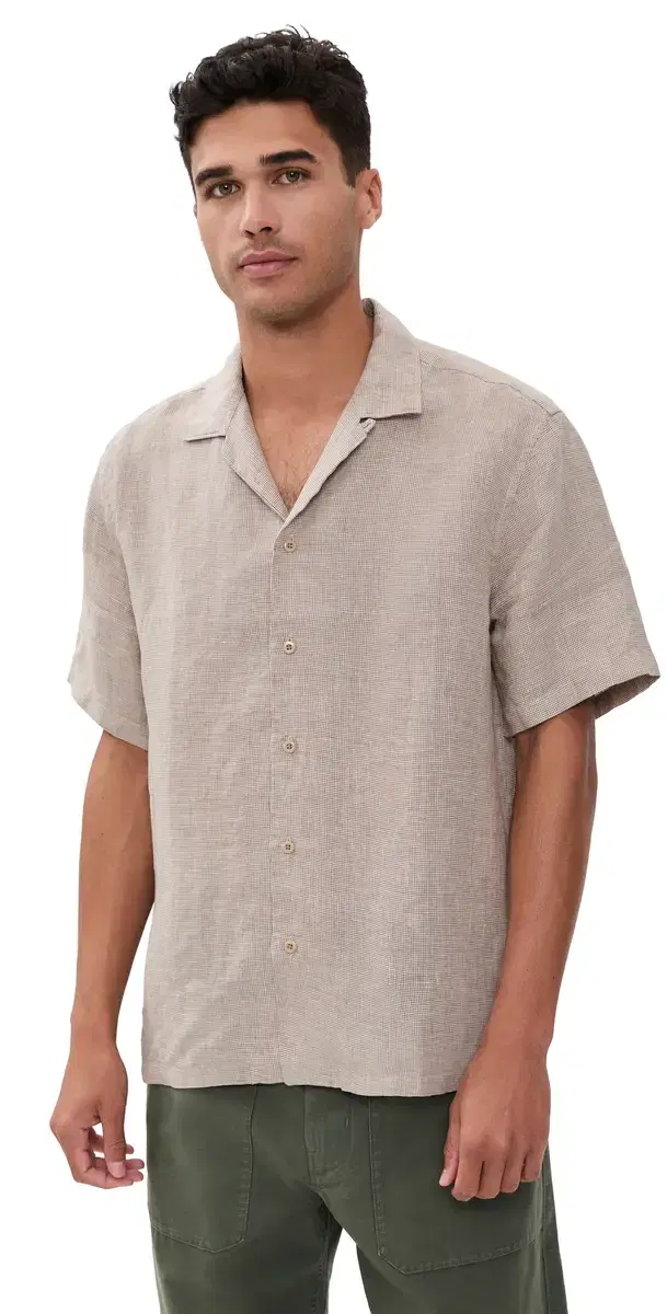 Faherty Short Sleeve aguna inen Camp Shirt Khaki Pincheck