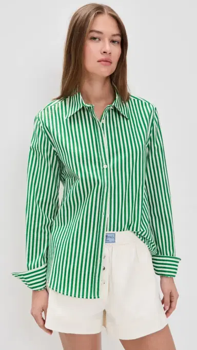 perfectwhitetee Gisele Cotton Poplin Slim Fit Button Down Grass Stripe | Thumbnail 2