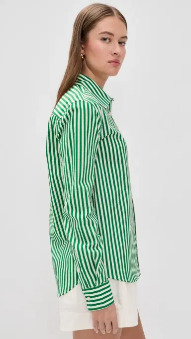 perfectwhitetee Gisele Cotton Poplin Slim Fit Button Down Grass Stripe | Thumbnail 4