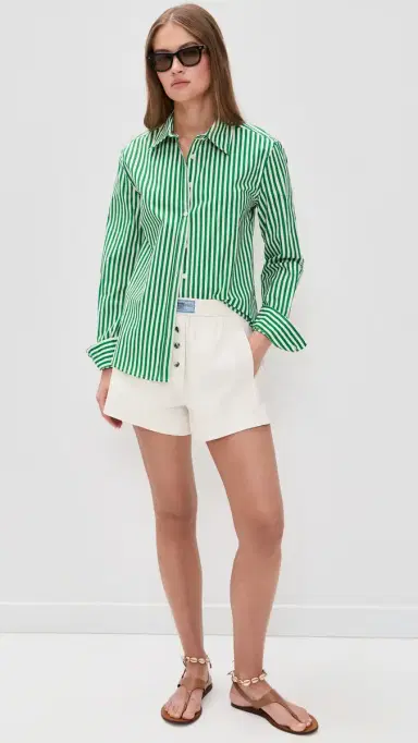 perfectwhitetee Gisele Cotton Poplin Slim Fit Button Down Grass Stripe | Thumbnail 5