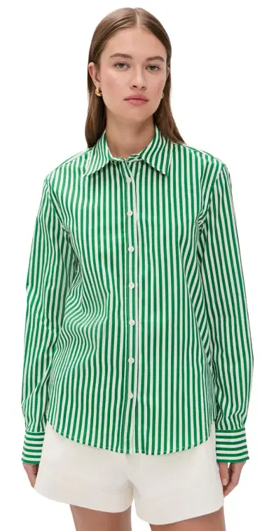 perfectwhitetee Gisele Cotton Poplin Slim Fit Button Down Grass Stripe | Thumbnail 1
