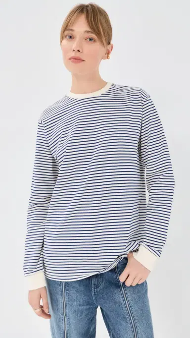 Tibi Striped Perfect ong Sleeve T-Shirt Blue/White Multi | Thumbnail 2 Tibi Striped Perfect ong Sleeve T-Shirt Blue/White Multi | Thumbnail 2