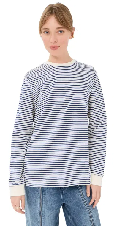 Tibi Striped Perfect ong Sleeve T-Shirt Blue/White Multi | Thumbnail 1 Tibi Striped Perfect ong Sleeve T-Shirt Blue/White Multi | Thumbnail 1