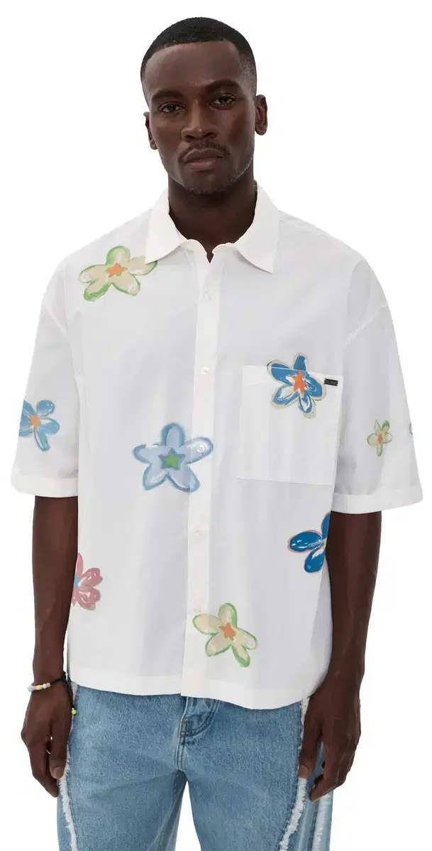 Super Bloom Cropped Short Sleeve Shirt White Poplin