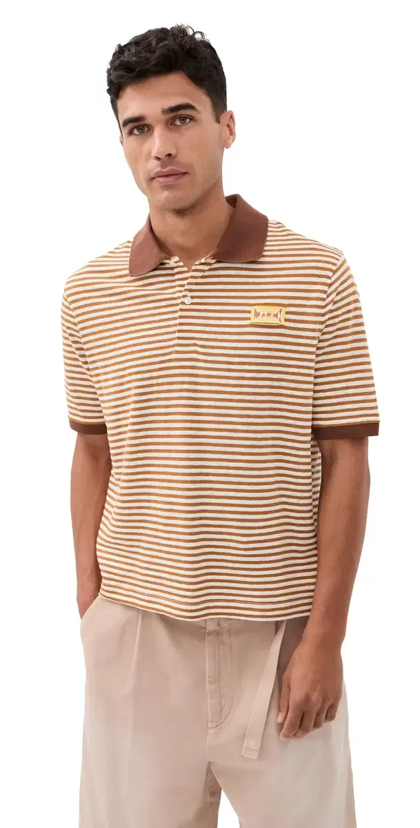 Striped Knit Polo Shirt Mustard