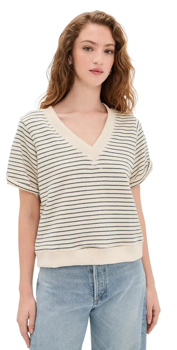 French Terry tripe V-neck hort leeve weatshirt Natural/Charcoal