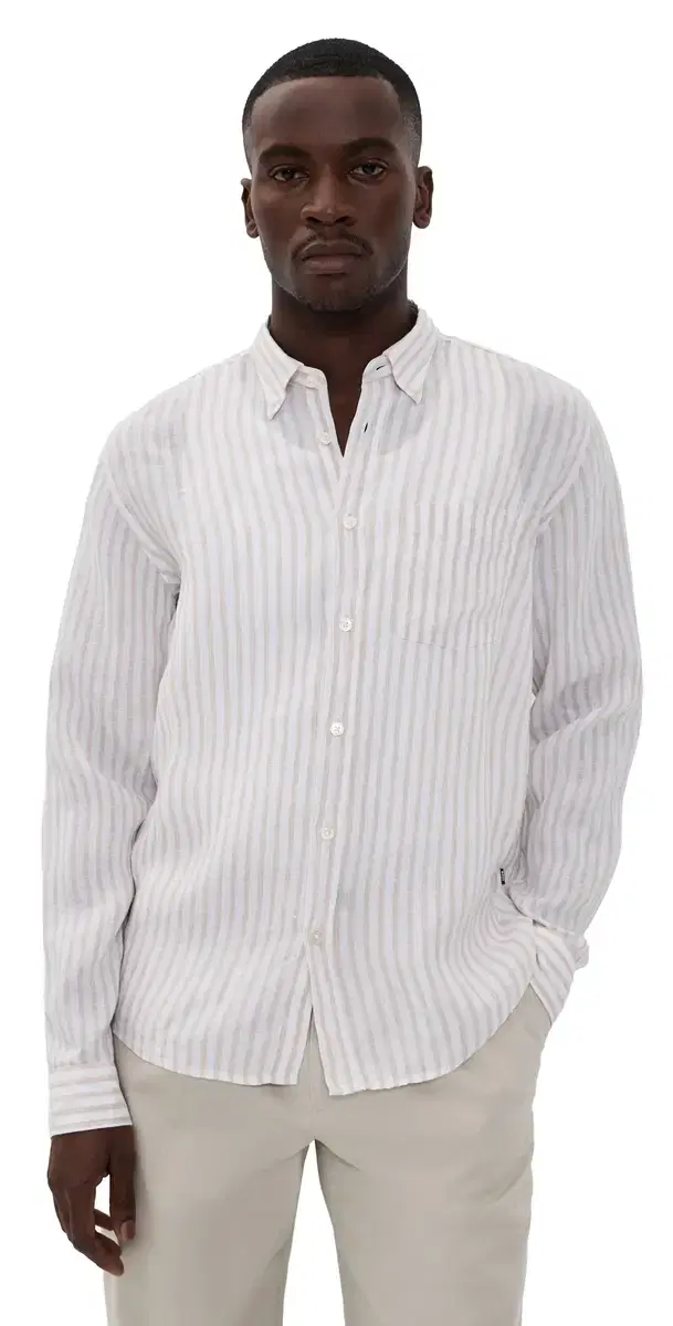 ong Sleeve inen Collared Shirt Open Beige