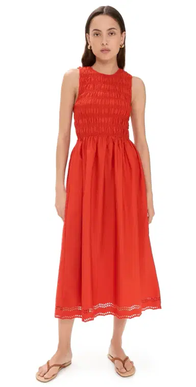 Madewell The Embroidered Melody Smocked Midi Dress Wild Poppy | Thumbnail 1 Madewell The Embroidered Melody Smocked Midi Dress Wild Poppy | Thumbnail 1