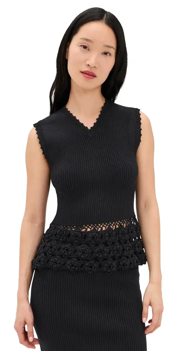 Fine Cotton Rib Crochet Vest Black