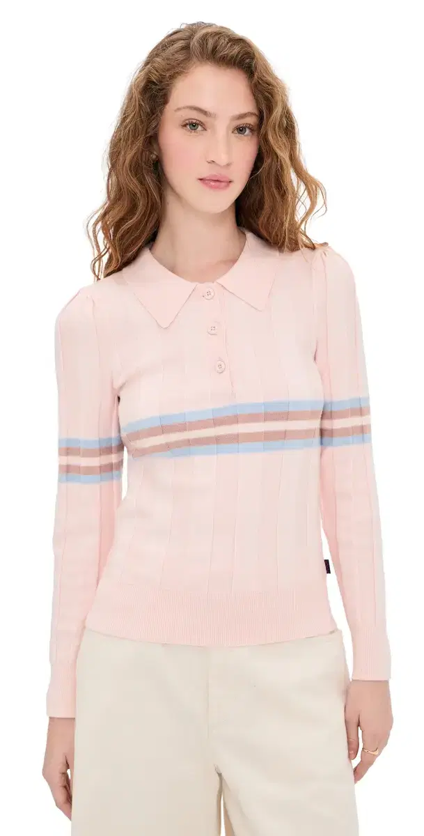 Knit Intarsia Stripe ong Sleeve Polo Pink