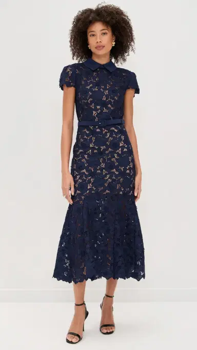 Self-Portrait Navy Guipure Lace Midi Dress Navy | Thumbnail 2