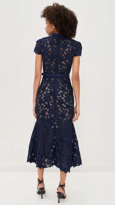 Self-Portrait Navy Guipure Lace Midi Dress Navy | Thumbnail 3