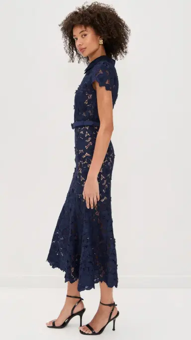 Self-Portrait Navy Guipure Lace Midi Dress Navy | Thumbnail 4
