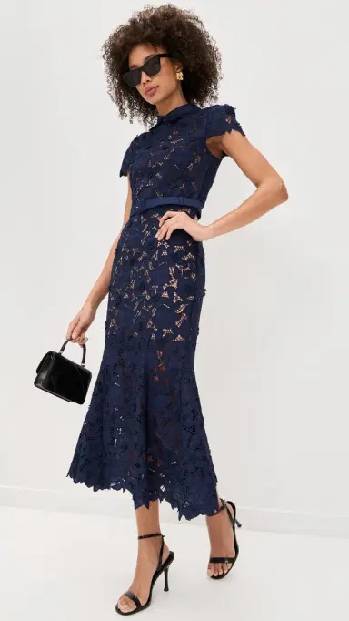 Self-Portrait Navy Guipure Lace Midi Dress Navy | Thumbnail 5