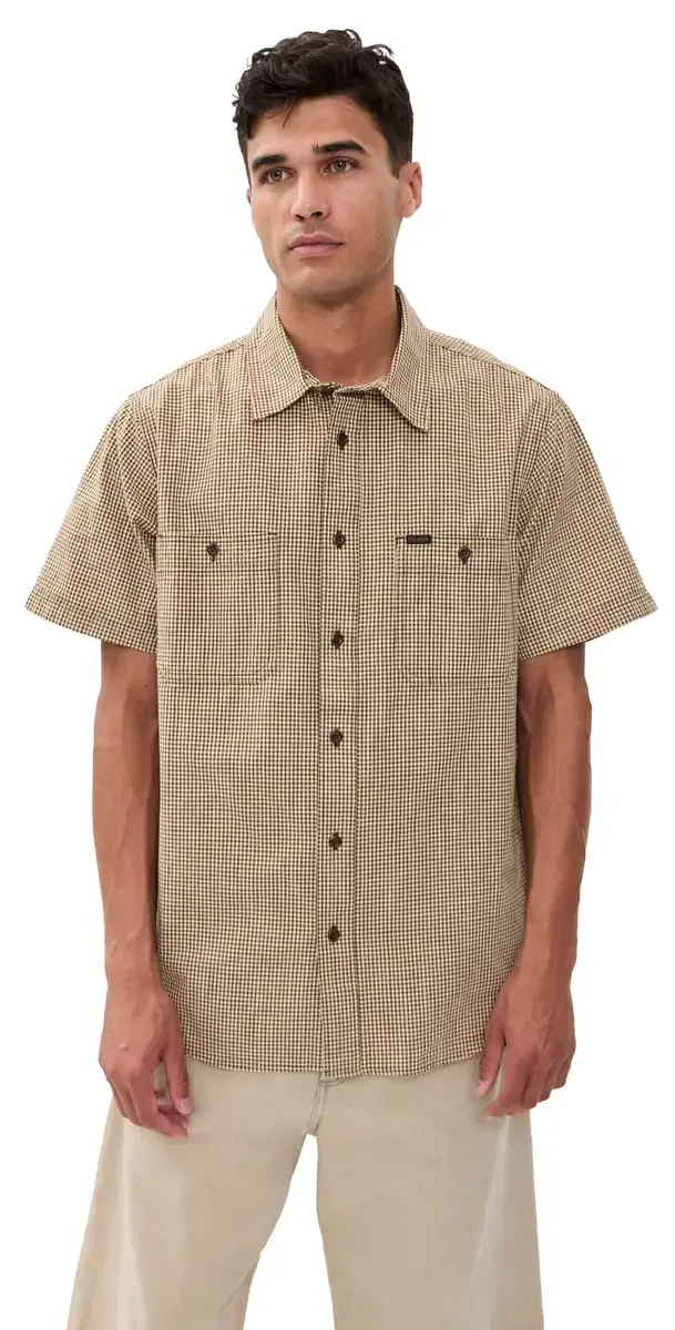 hort leeve Chambray hirt Coffee/Natural Plaid