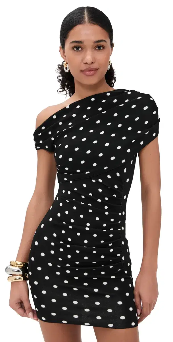 Polka Dot Draped Knit ini Dress Black / White