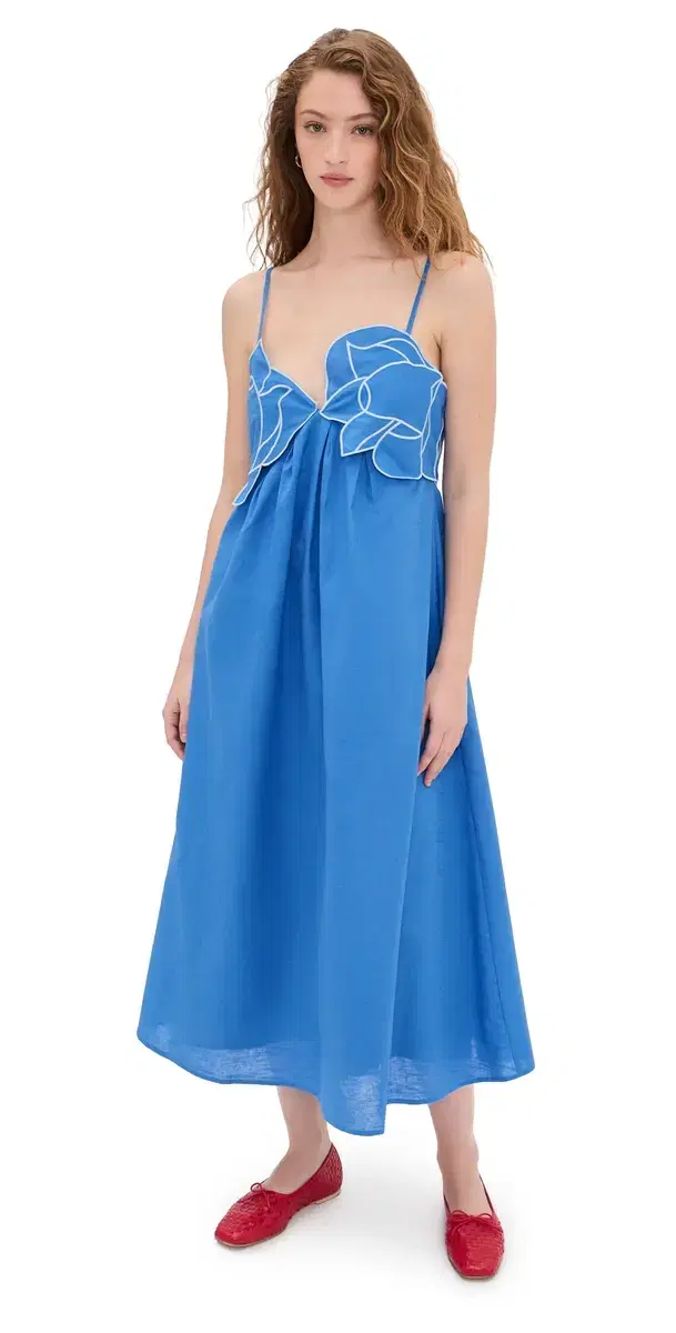 Embroidered Pleated Dress Blue