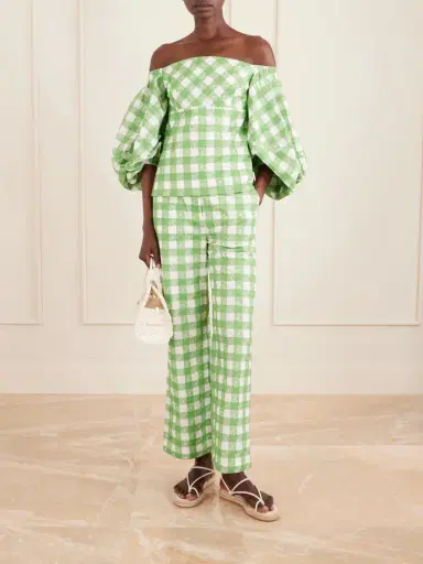 Rosie Assoulin Empire Balloon Off-the-shoulder Checked Cotton Blouse | Thumbnail 2 Rosie Assoulin Empire Balloon Off-the-shoulder Checked Cotton Blouse | Thumbnail 2