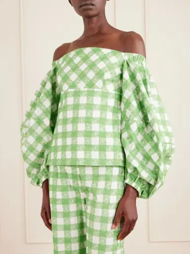 Rosie Assoulin Empire Balloon Off-the-shoulder Checked Cotton Blouse | Thumbnail 3 Rosie Assoulin Empire Balloon Off-the-shoulder Checked Cotton Blouse | Thumbnail 3