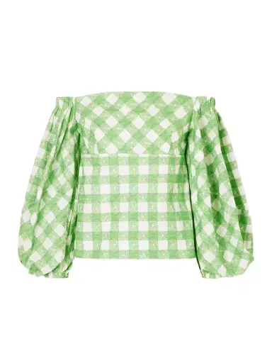Rosie Assoulin Empire Balloon Off-the-shoulder Checked Cotton Blouse | Thumbnail 1 Rosie Assoulin Empire Balloon Off-the-shoulder Checked Cotton Blouse | Thumbnail 1