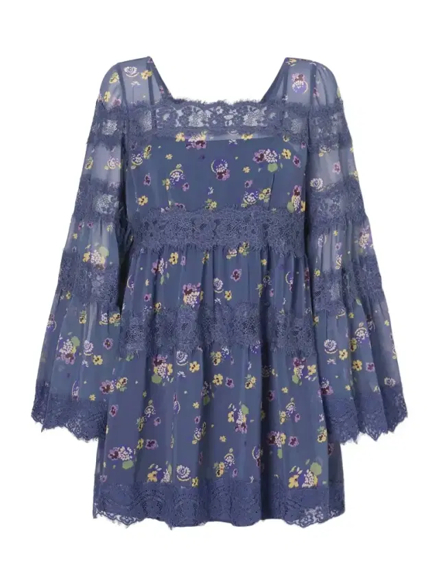 Pleated Floral-print Lace-trimmed Chiffon Mini Dress