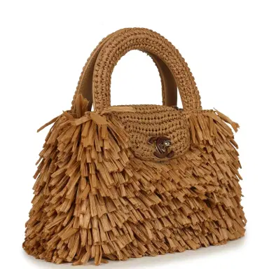 Chanel Chanel Small Fringe Kelly Dark Beige Raffia Wood and Light Gold Hardware | Thumbnail 2