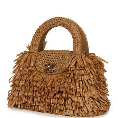 Chanel Chanel Small Fringe Kelly Dark Beige Raffia Wood and Light Gold Hardware | Thumbnail 5