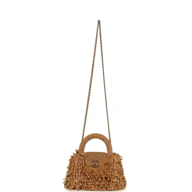 Chanel Chanel Small Fringe Kelly Dark Beige Raffia Wood and Light Gold Hardware | Thumbnail 7