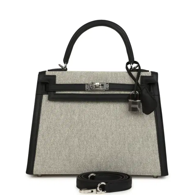 hermes Hermes Kelly Sellier 25 Ecru & Black Toile H Canvas and Black Swift Palladium Hardware