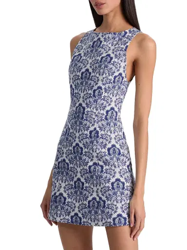 Alice + Olivia Women's Eva Damask A-Line Minidress - Off White Twilight Blue Multi - Size 10 | Thumbnail 4