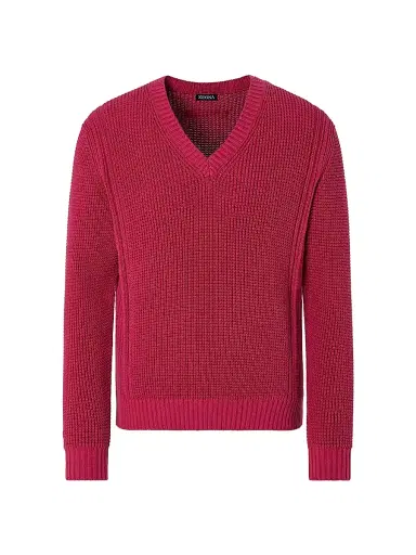 ZEGNA Men's Cotton and Silk V-Neck T-Shirt - Dark Pink | Thumbnail 1 ZEGNA Men's Cotton and Silk V-Neck T-Shirt - Dark Pink | Thumbnail 1