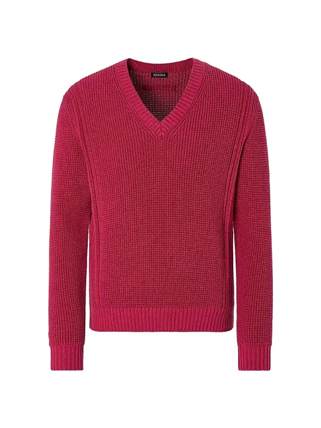 ZEGNA Men's Cotton and Silk V-Neck T-Shirt - Dark Pink