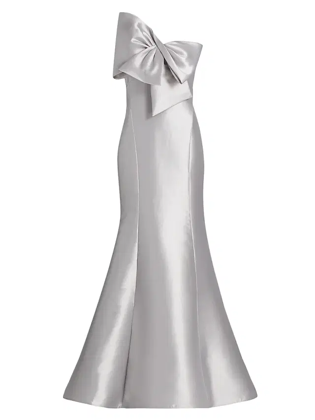 Amsale Women's Metallic Satin Bow Mermaid Gown - Platinum
