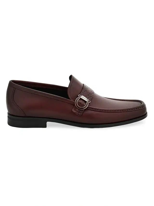 FERRAGAMO Men's Caspian Gancini Alligator-Strap Leather Loafers - Cordovan