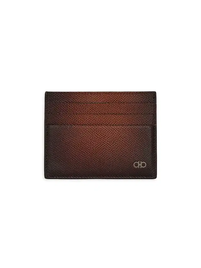 Men's Micro Gancio Embossed Leather Card Case - New Cognac Nero Brown