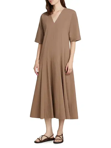 MM Max Mara Women's Cotton Seersucker V Neck Dress - Hazelnut Brown - Size 12 | Thumbnail 3 MM Max Mara Women's Cotton Seersucker V Neck Dress - Hazelnut Brown - Size 12 | Thumbnail 3