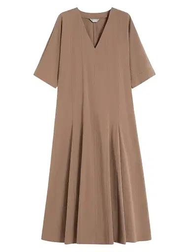 MM Max Mara Women's Cotton Seersucker V Neck Dress - Hazelnut Brown - Size 12 | Thumbnail 1 MM Max Mara Women's Cotton Seersucker V Neck Dress - Hazelnut Brown - Size 12 | Thumbnail 1