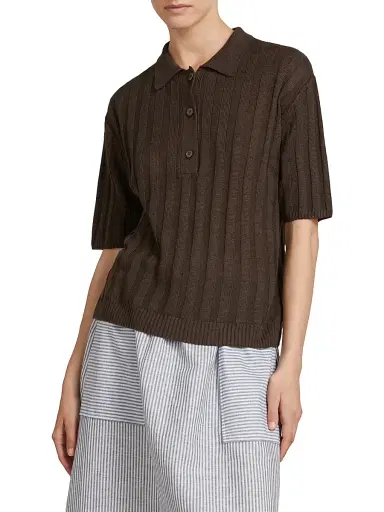 MM Max Mara Women's Rib Knit Linen Yarn Polo Shirt - Dark Brown - Size XL | Thumbnail 3 MM Max Mara Women's Rib Knit Linen Yarn Polo Shirt - Dark Brown - Size XL | Thumbnail 3