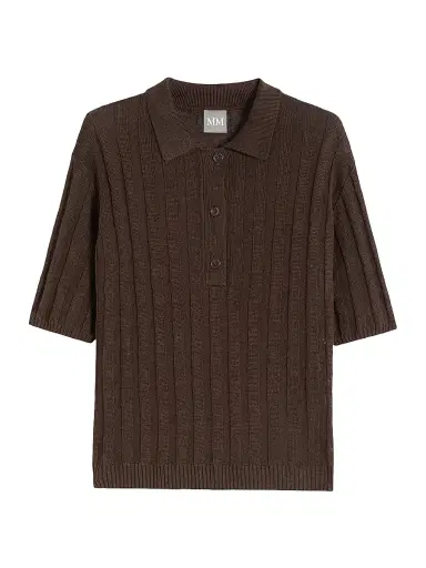 MM Max Mara Women's Rib Knit Linen Yarn Polo Shirt - Dark Brown - Size XL | Thumbnail 1 MM Max Mara Women's Rib Knit Linen Yarn Polo Shirt - Dark Brown - Size XL | Thumbnail 1