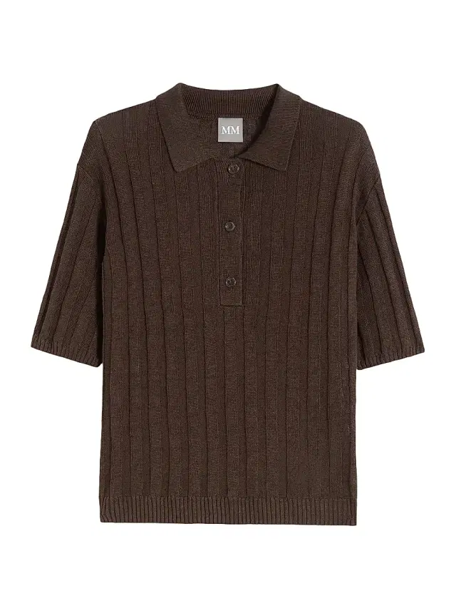 MM Max Mara Women's Rib Knit Linen Yarn Polo Shirt - Dark Brown