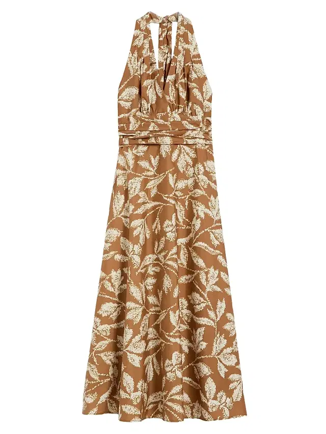 Women's Long Dress in Printed Poplin - Caramel