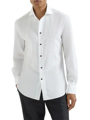Brunello Cucinelli Men's Cotton Twill Slim Fit Tuxedo Shirt with French Cuff - Off White | Thumbnail 2