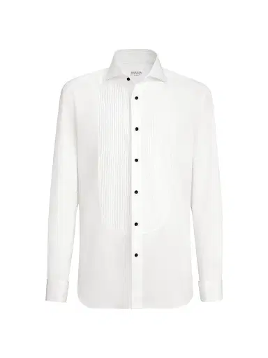 Brunello Cucinelli Men's Cotton Twill Slim Fit Tuxedo Shirt with French Cuff - Off White | Thumbnail 1