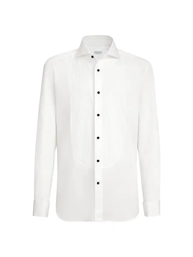 Brunello Cucinelli Men's Cotton Twill Slim Fit Tuxedo Shirt with French Cuff - Off White