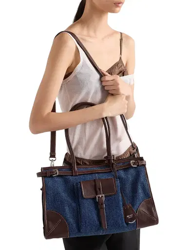 Prada Women's Bonnie Large Denim and Leather Top Handle Bag - Blue | Thumbnail 2 Prada Women's Bonnie Large Denim and Leather Top Handle Bag - Blue | Thumbnail 2